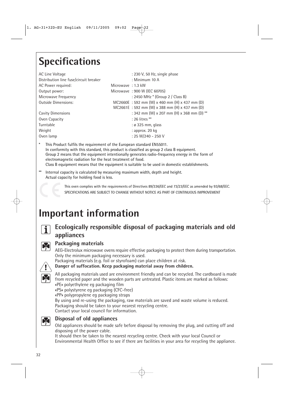 Specifications, Important information | AEG MC2660E User Manual | Page 34 / 37