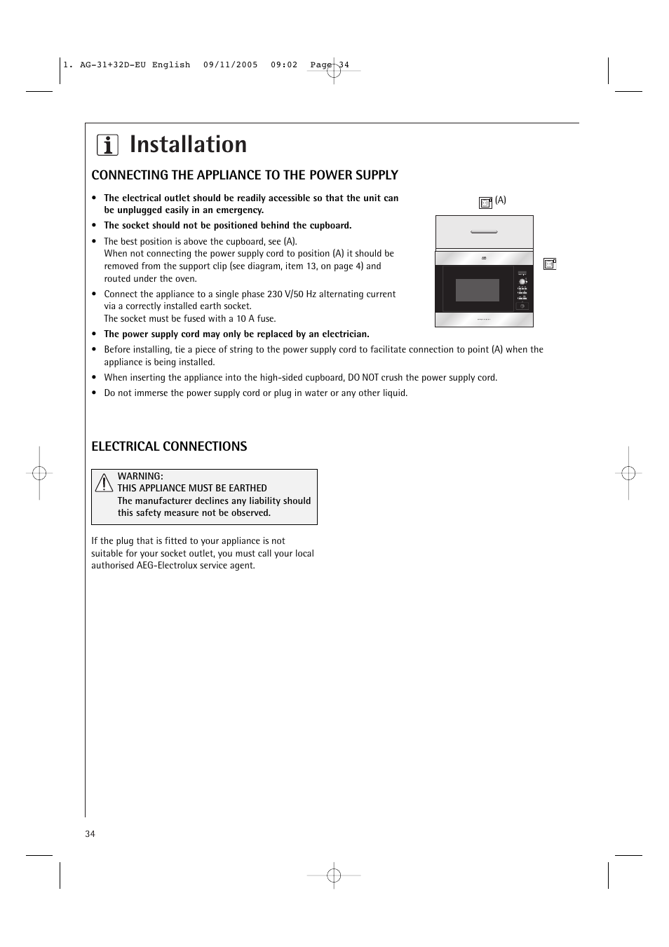 Installation, Connecting the appliance to the power supply, Electrical connections | AEG MC2660E User Manual | Page 36 / 37