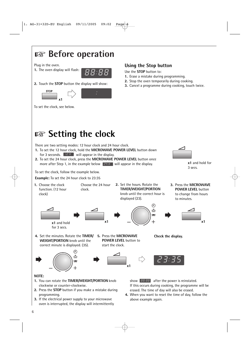 Before operation setting the clock, Using the stop button | AEG MC2660E User Manual | Page 8 / 37