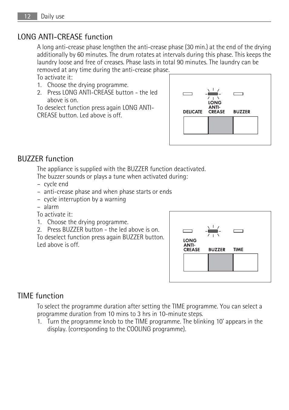 Long anti-crease function, Buzzer function, Time function | AEG 56740 User Manual | Page 12 / 32
