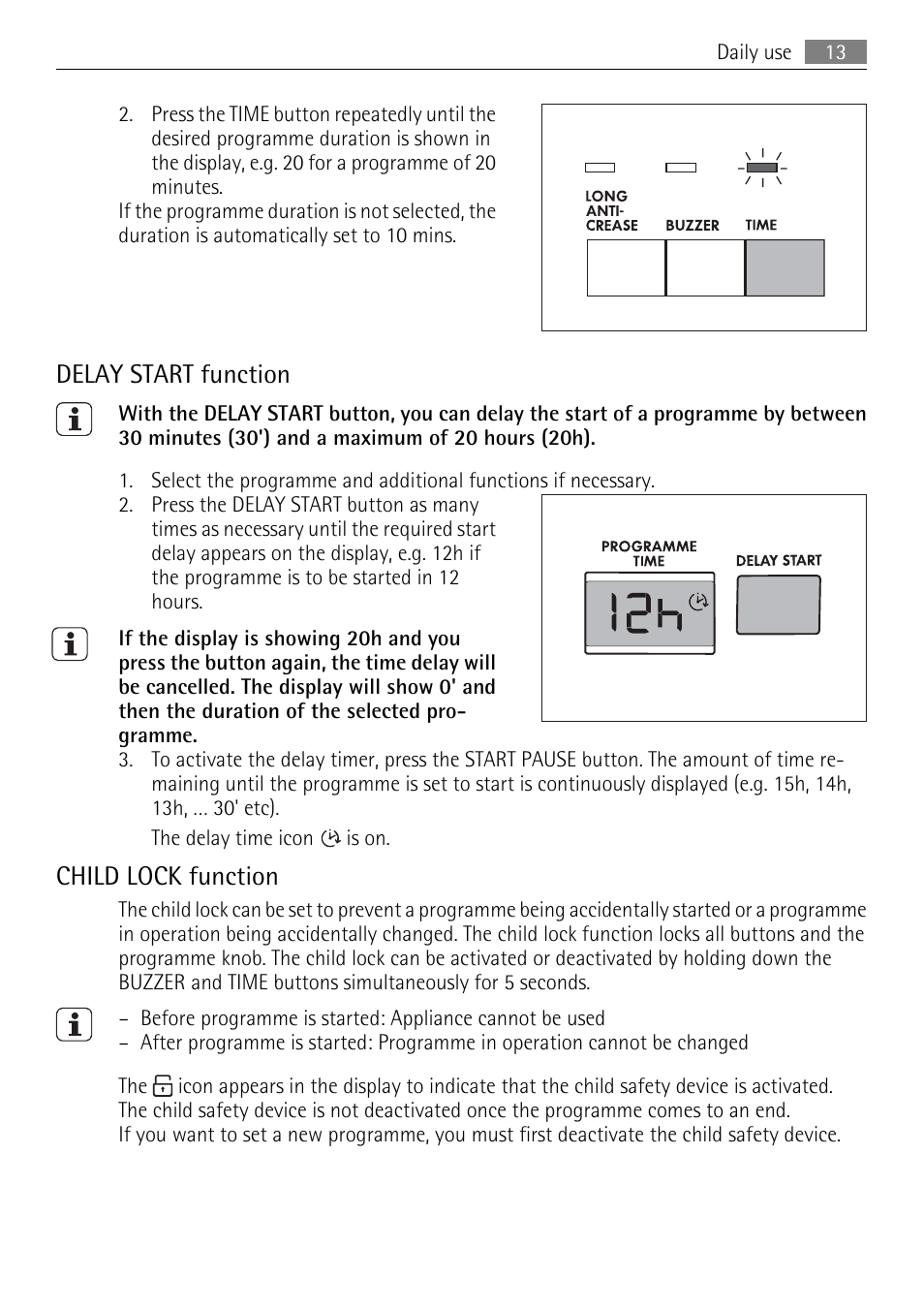 Delay start function, Child lock function | AEG 56740 User Manual | Page 13 / 32
