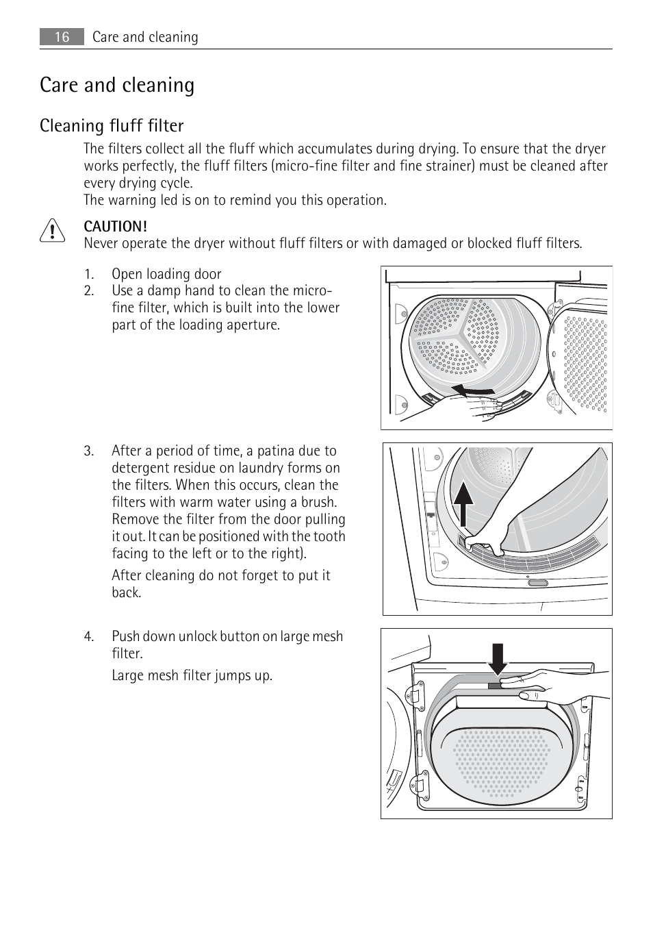 Care and cleaning, Cleaning fluff filter | AEG 56740 User Manual | Page 16 / 32