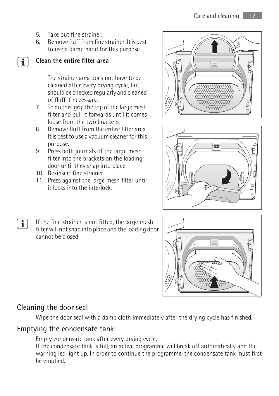 Cleaning the door seal, Emptying the condensate tank | AEG 56740 User Manual | Page 17 / 32