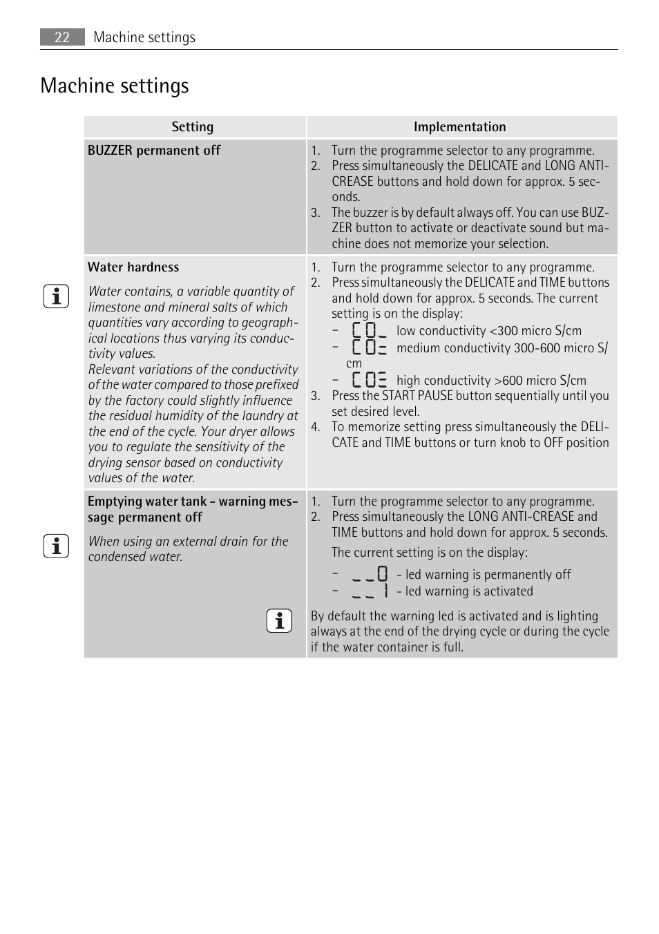 Machine settings | AEG 56740 User Manual | Page 22 / 32