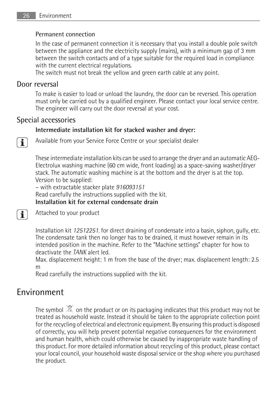Environment, Door reversal, Special accessories | AEG 56740 User Manual | Page 26 / 32