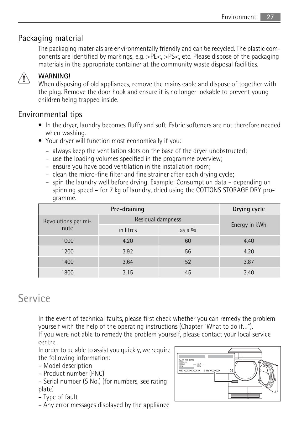 Service, Packaging material, Environmental tips | AEG 56740 User Manual | Page 27 / 32