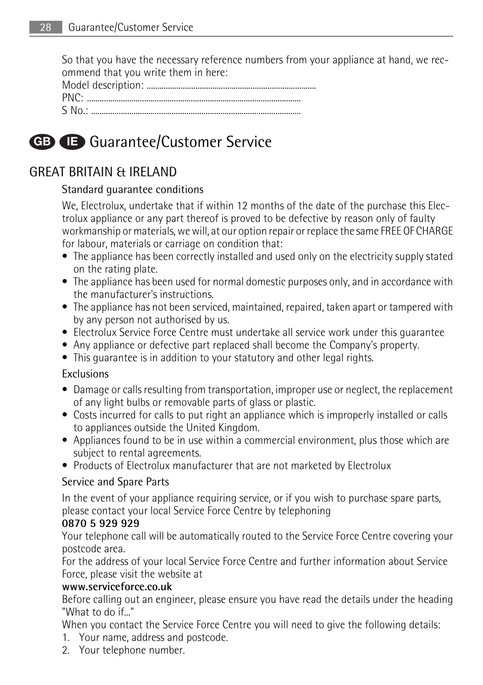 Guarantee/customer service, Great britain & ireland | AEG 56740 User Manual | Page 28 / 32