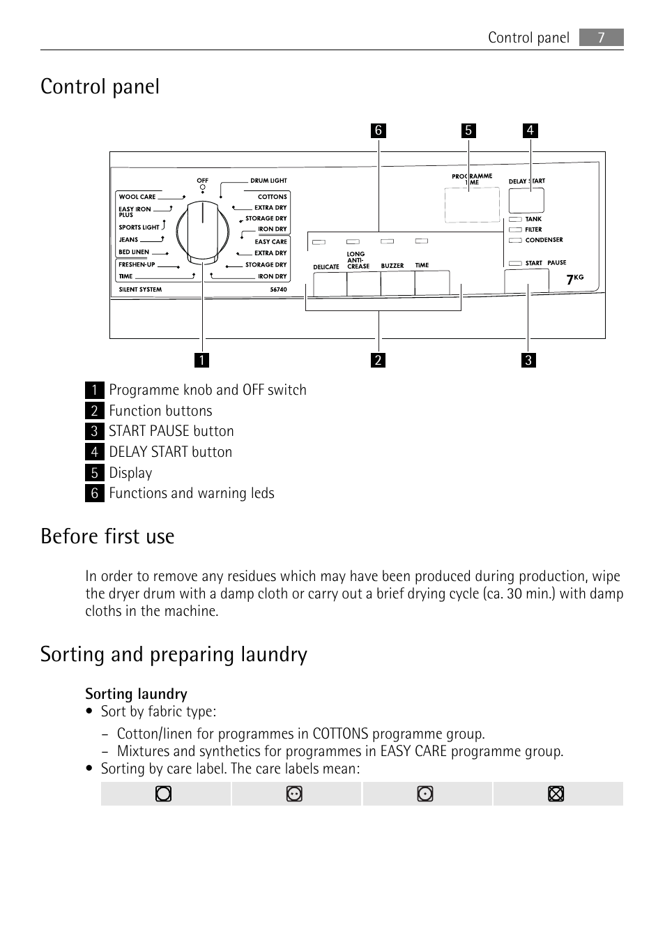 Control panel, Before first use, Sorting and preparing laundry | AEG 56740 User Manual | Page 7 / 32