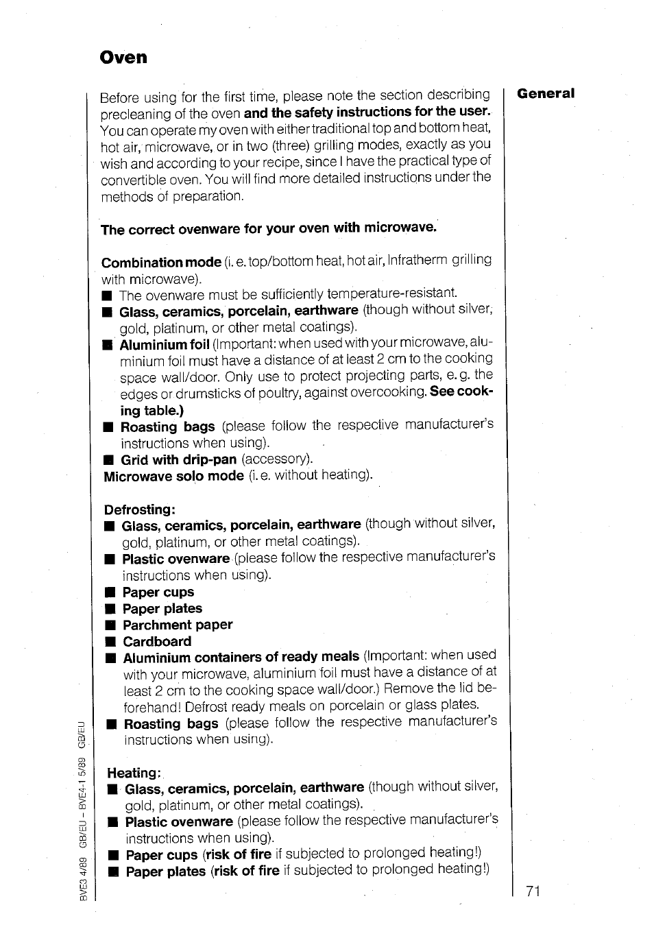 Oven, The correct ovenware for your oven with microwave, Defrosting | Heating | AEG 840E User Manual | Page 19 / 54