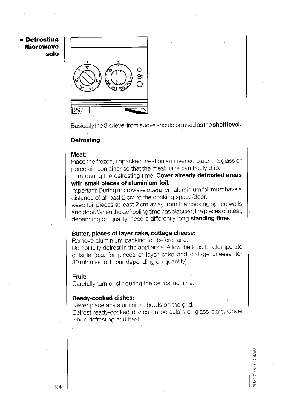 Defrosting, Meat, Butter, pieces of layer cake, cottage cheese | Fruit, Ready-cooked dishes | AEG 840E User Manual | Page 42 / 54