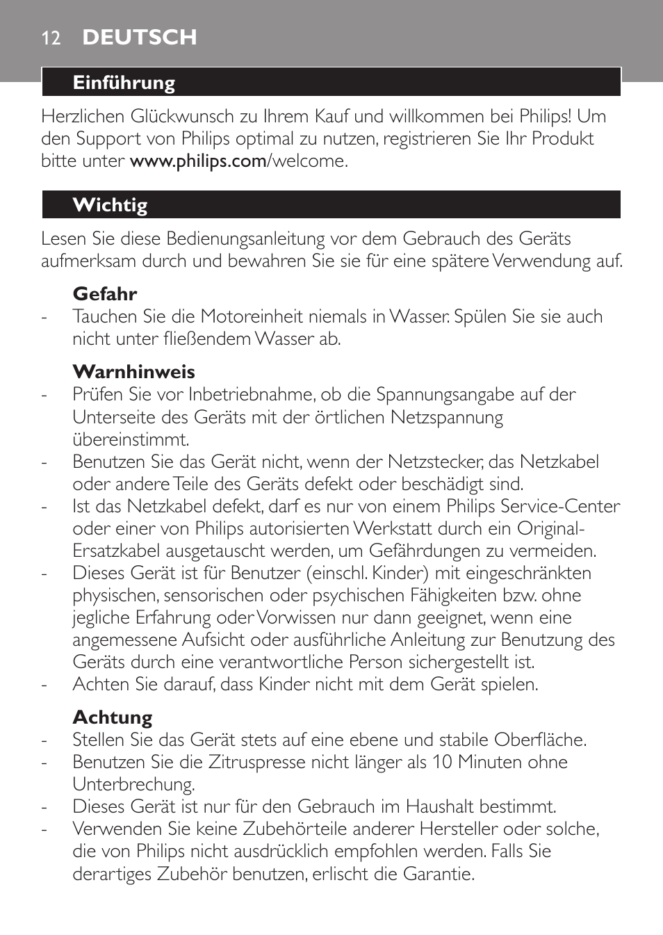 Deutsch, Einführung, Wichtig | Gefahr, Warnhinweis, Achtung | Philips Daily Collection Exprimidor User Manual | Page 12 / 46