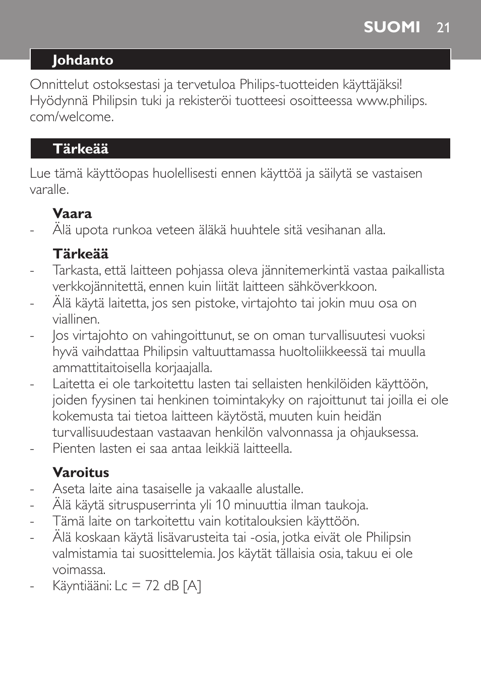 Suomi, Johdanto, Tärkeää | Vaara, Varoitus | Philips Daily Collection Exprimidor User Manual | Page 21 / 46
