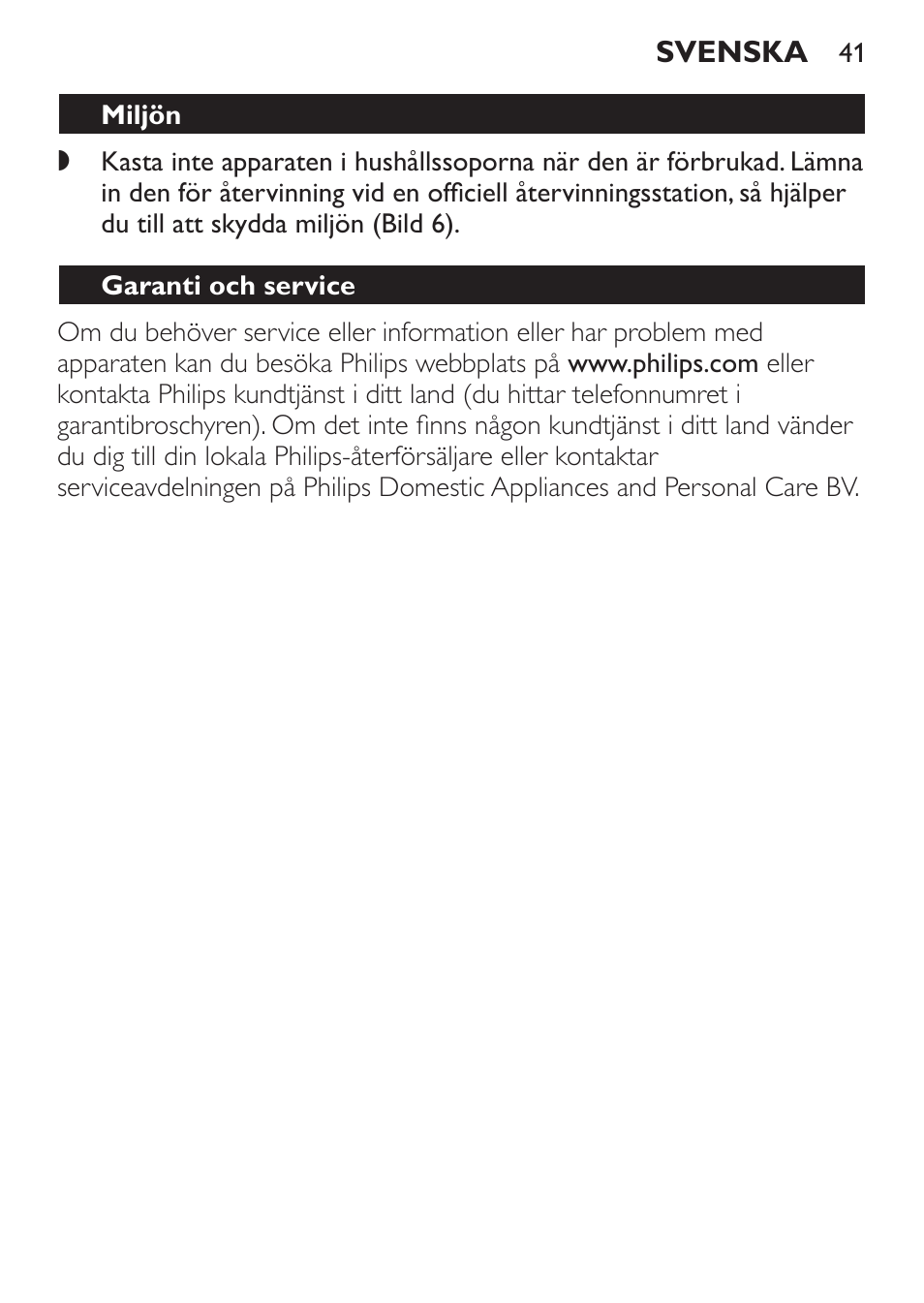 Miljön, Garanti och service | Philips Daily Collection Exprimidor User Manual | Page 41 / 46