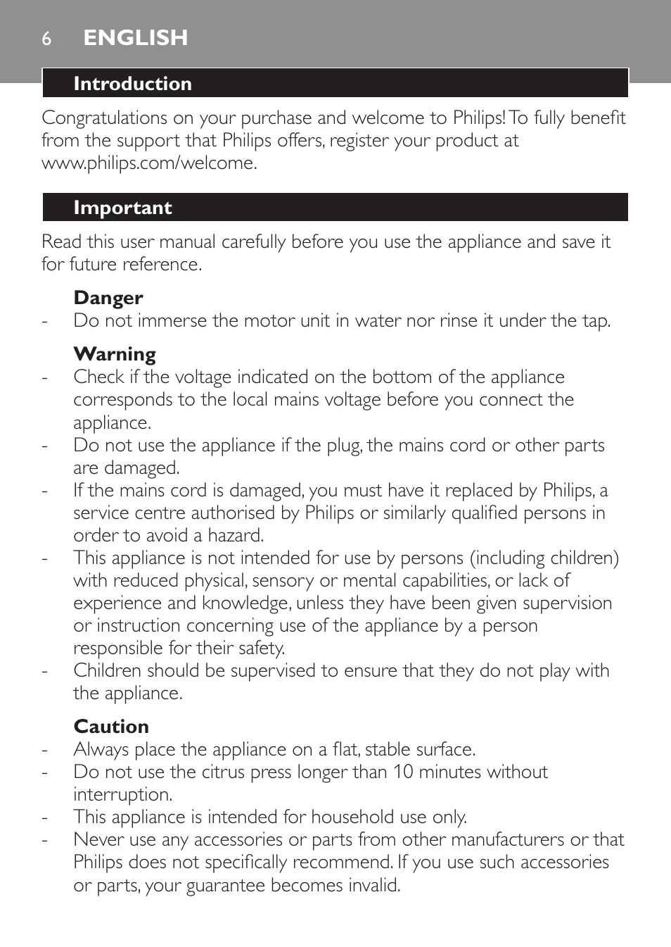 English, Introduction, Important | Danger, Warning, Caution | Philips Daily Collection Exprimidor User Manual | Page 6 / 46