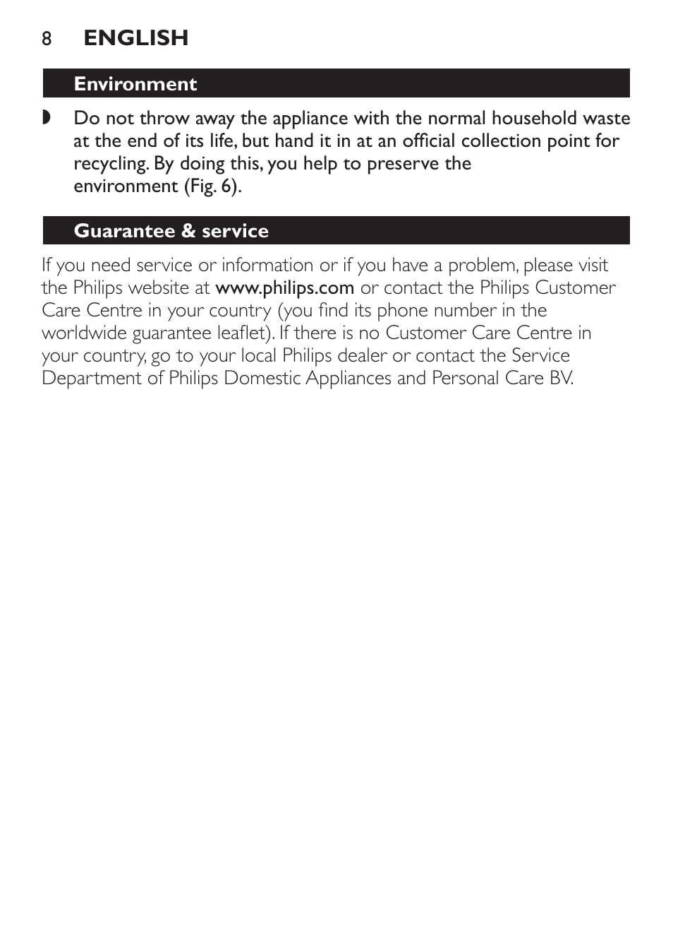 Environment, Guarantee & service | Philips Daily Collection Exprimidor User Manual | Page 8 / 46
