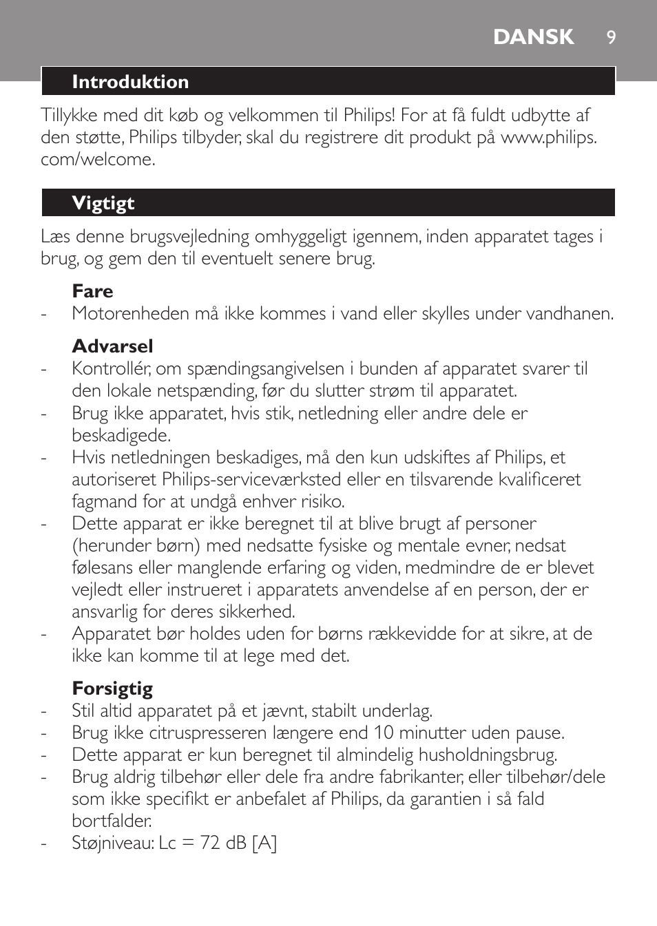 Dansk, Introduktion, Vigtigt | Fare, Advarsel, Forsigtig | Philips Daily Collection Exprimidor User Manual | Page 9 / 46