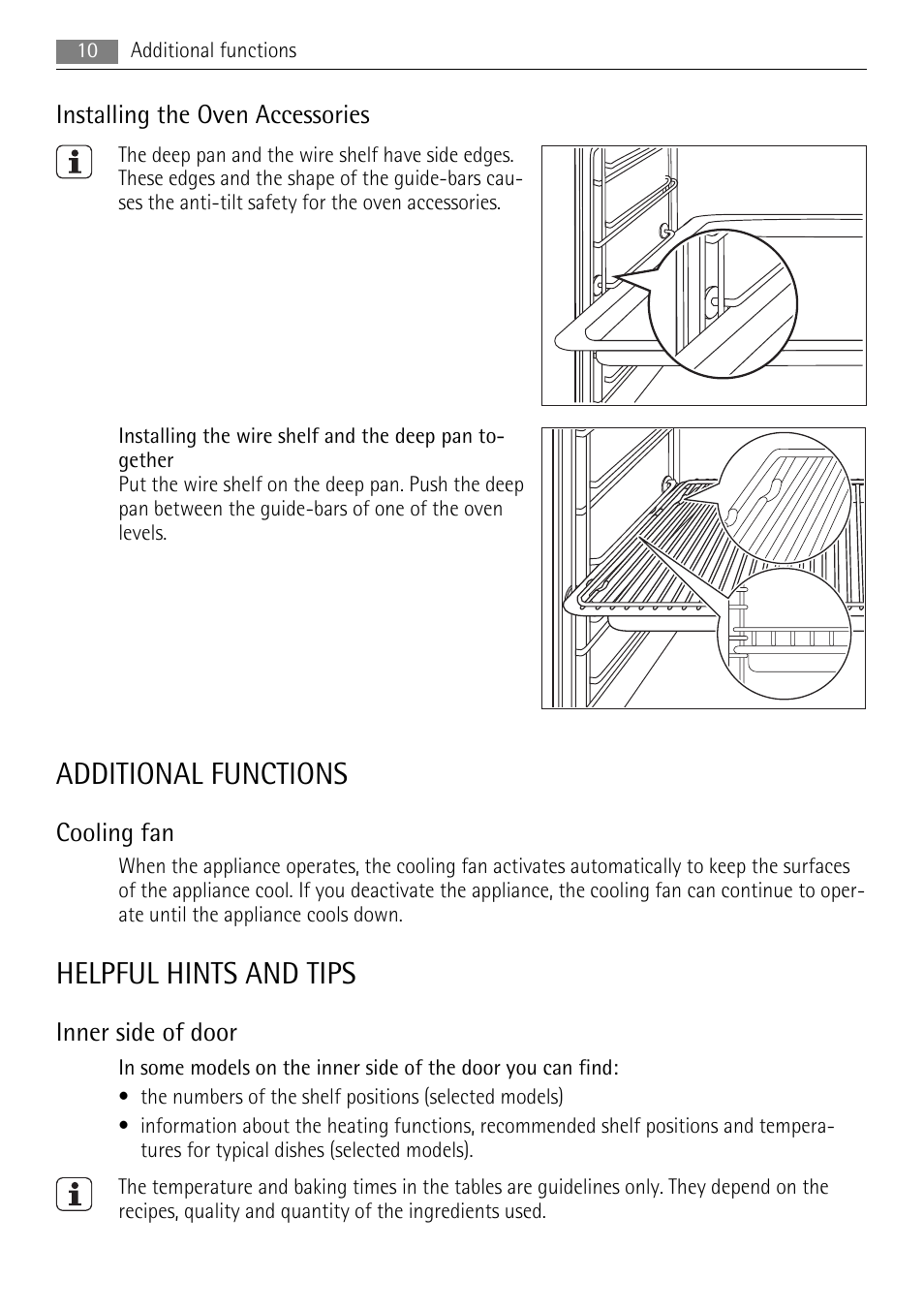 Additional functions, Helpful hints and tips, Installing the oven accessories | Cooling fan, Inner side of door | AEG BC3000001 User Manual | Page 10 / 28