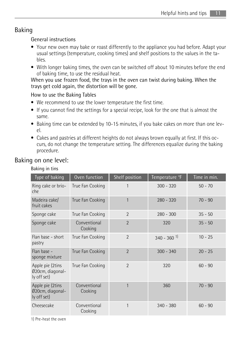 Baking, Baking on one level | AEG BC3000001 User Manual | Page 11 / 28
