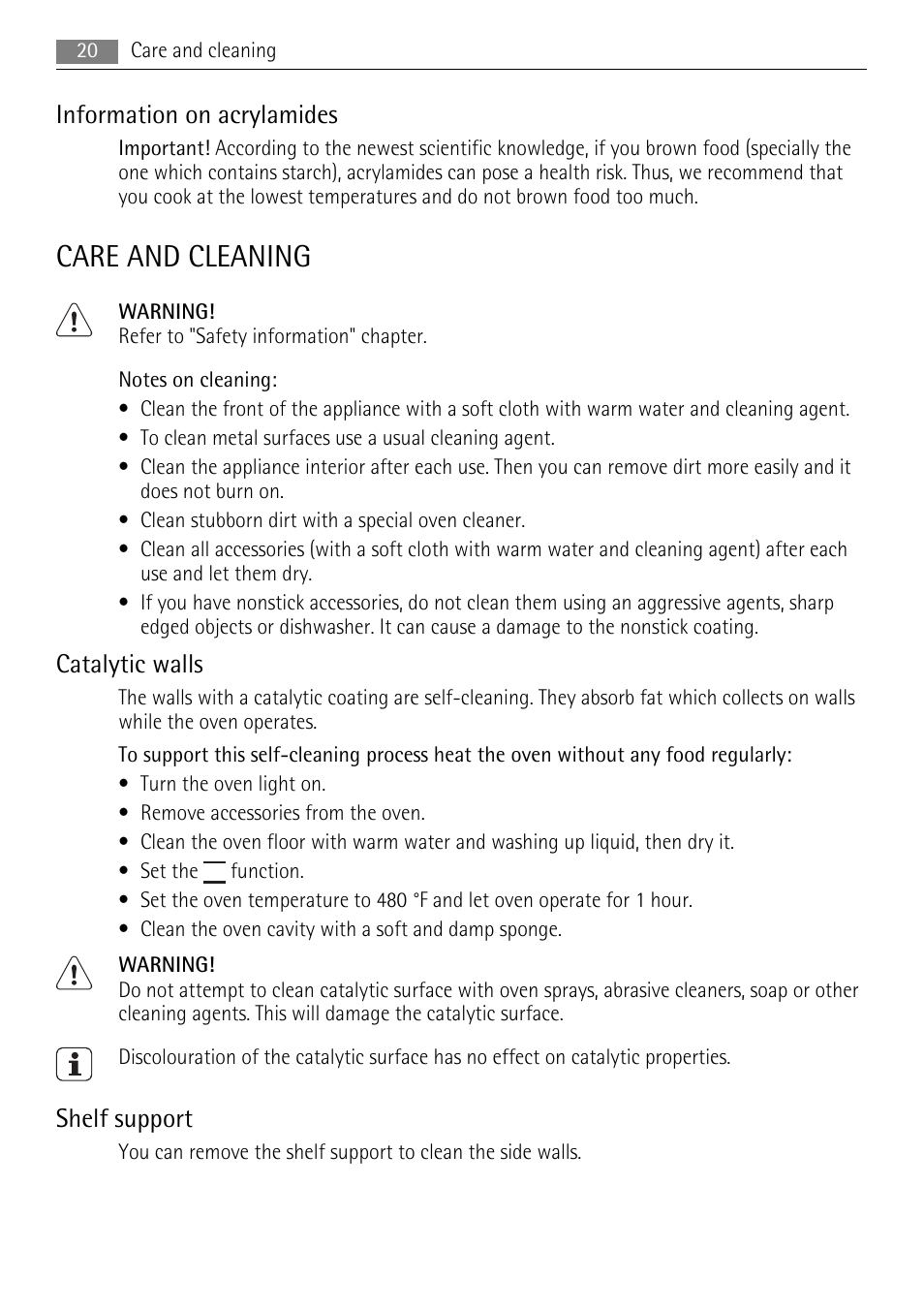 Care and cleaning, Information on acrylamides, Catalytic walls | Shelf support | AEG BC3000001 User Manual | Page 20 / 28