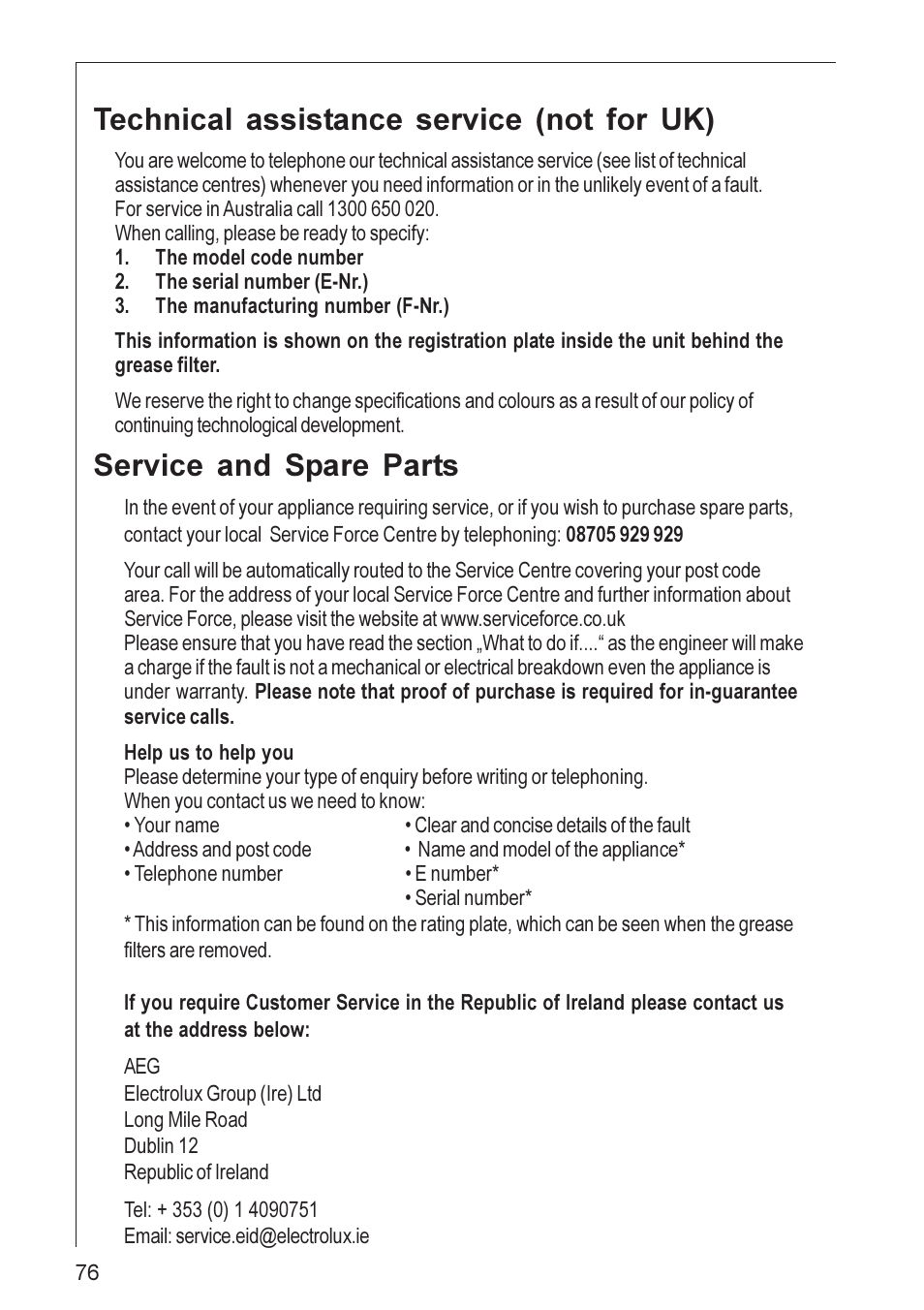 Technical assistance service (not for uk), Service and spare parts | AEG DU 4561 User Manual | Page 17 / 25