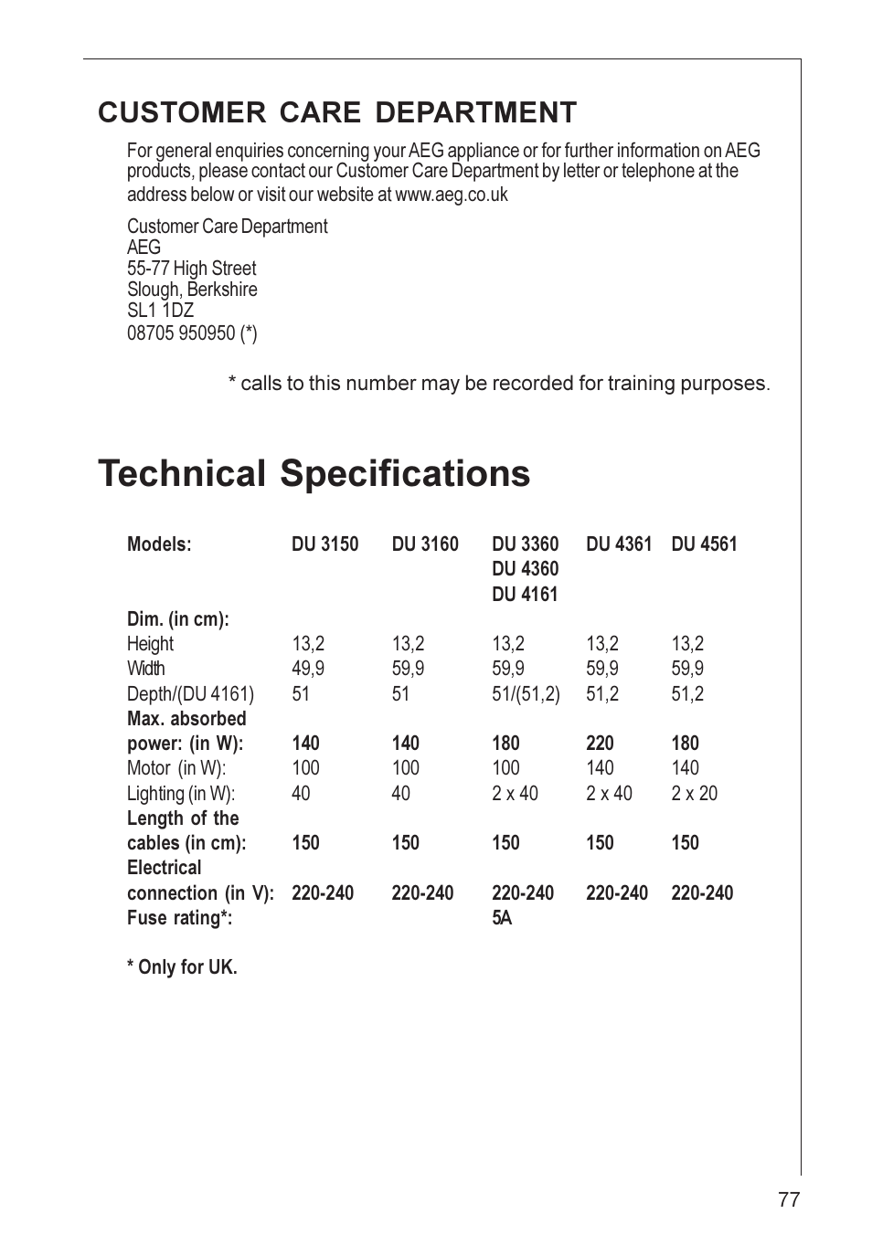 Technical specifications, Customer care department | AEG DU 4561 User Manual | Page 18 / 25