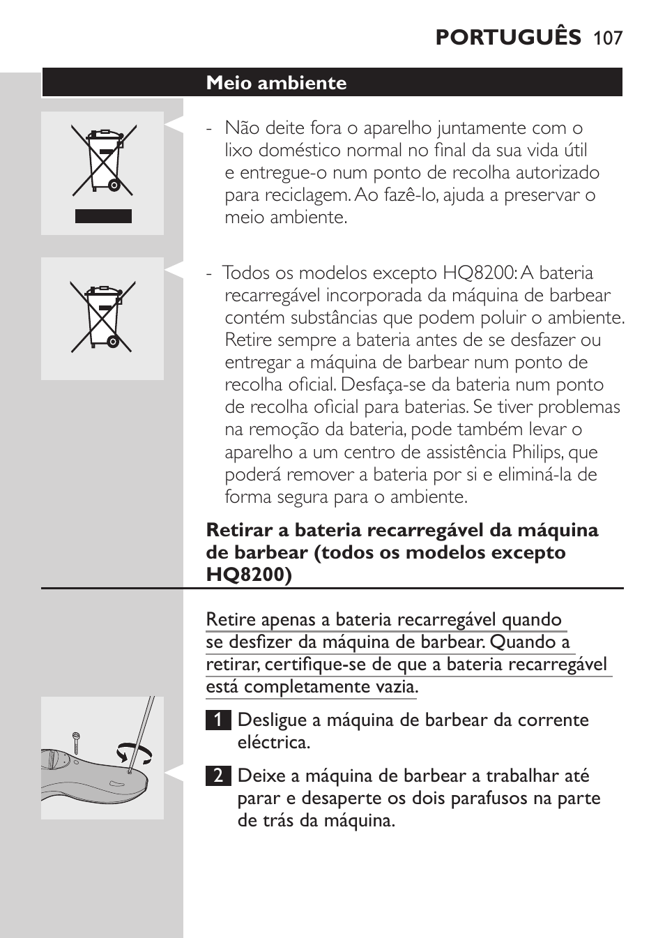 Meio ambiente | Philips SHAVER Series 3000 Afeitadora eléctrica User Manual | Page 105 / 124