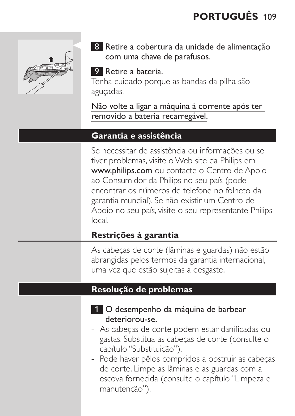 Garantia e assistência, Restrições à garantia, Resolução de problemas | Philips SHAVER Series 3000 Afeitadora eléctrica User Manual | Page 107 / 124