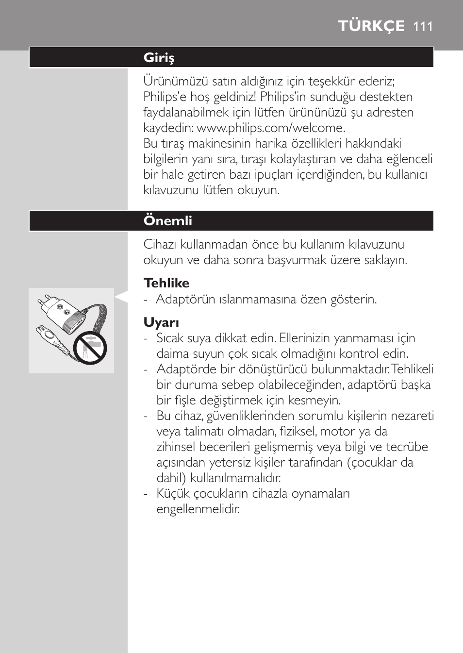 Tehlike, Uyarı, Dikkat | Türkçe, Giriş, Önemli | Philips SHAVER Series 3000 Afeitadora eléctrica User Manual | Page 109 / 124