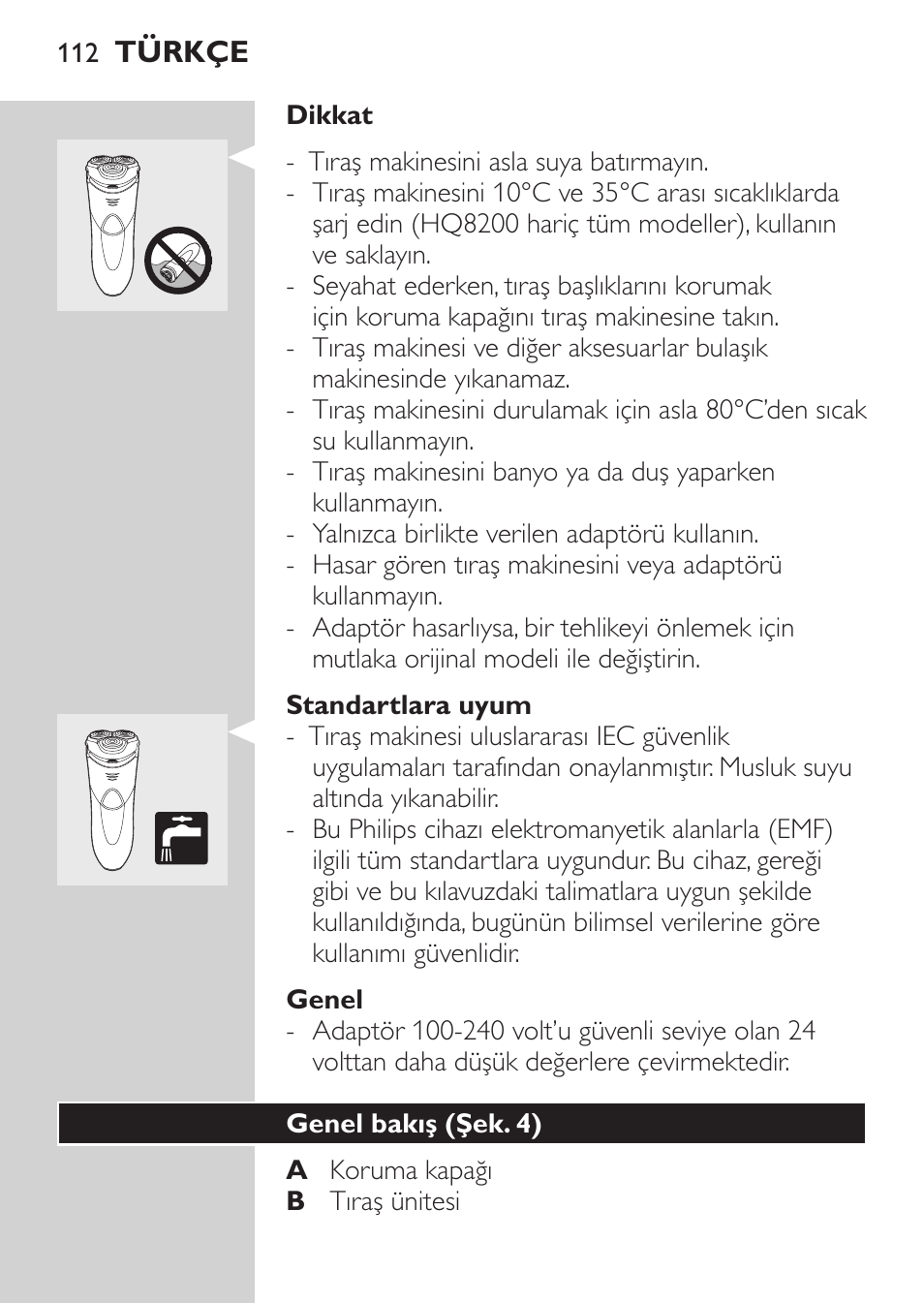 Standartlara uyum, Genel, Genel bakış (şek. 4) | Philips SHAVER Series 3000 Afeitadora eléctrica User Manual | Page 110 / 124