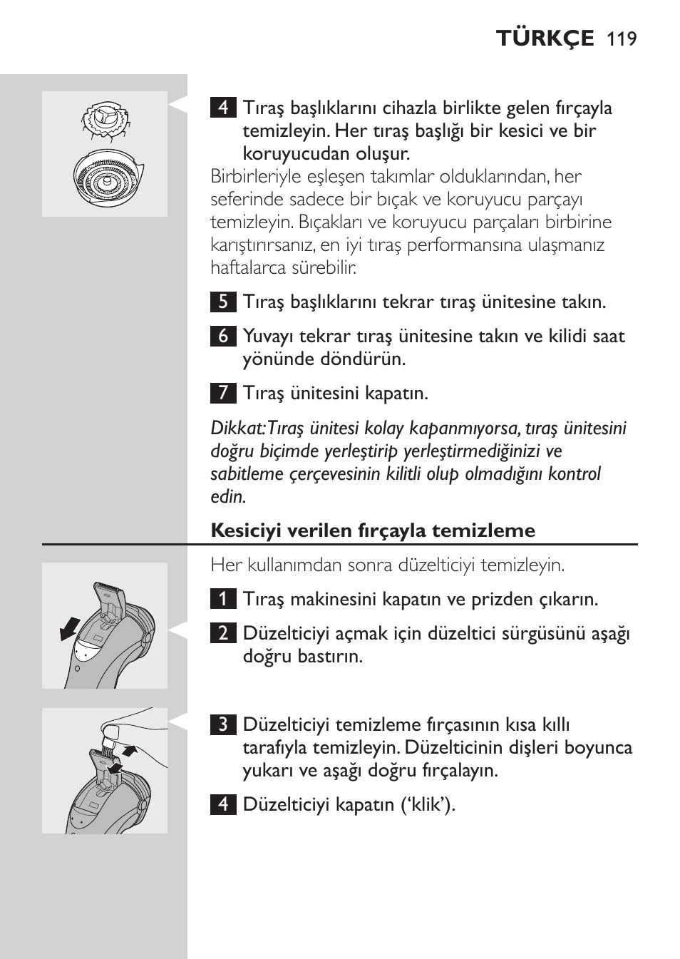 Kesiciyi verilen fırçayla temizleme | Philips SHAVER Series 3000 Afeitadora eléctrica User Manual | Page 117 / 124