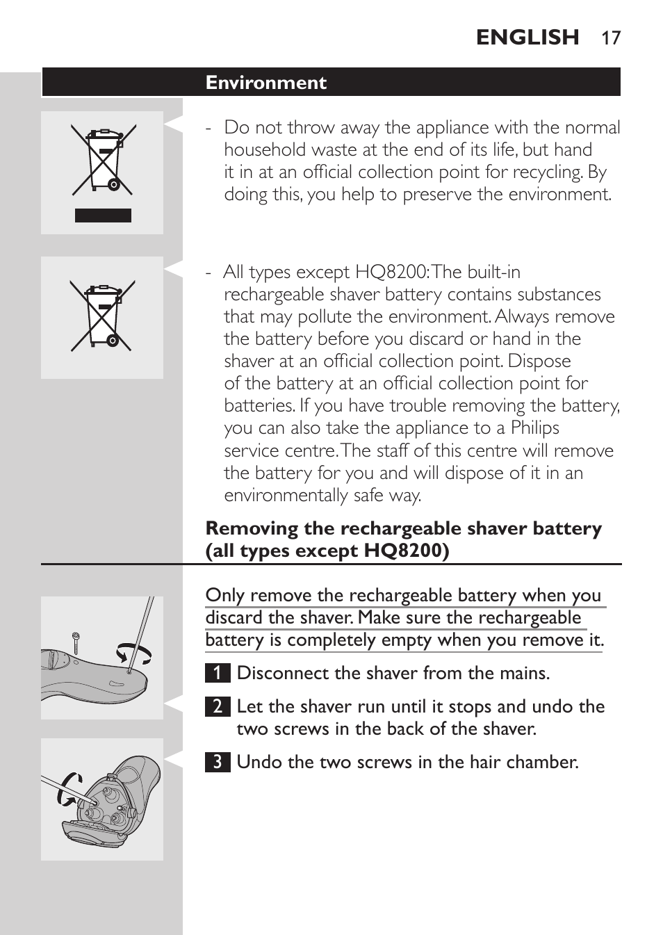 Environment | Philips SHAVER Series 3000 Afeitadora eléctrica User Manual | Page 15 / 124