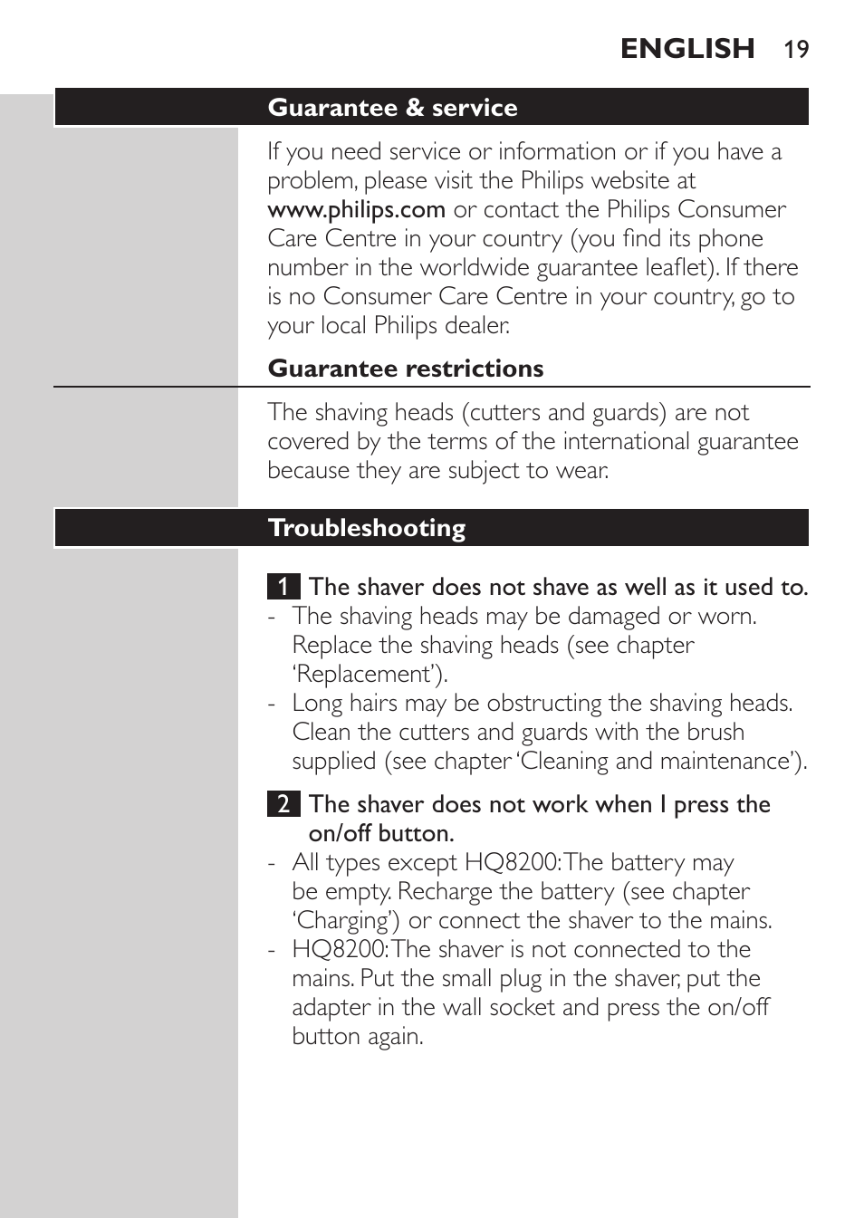 Guarantee & service, Guarantee restrictions, Troubleshooting | Philips SHAVER Series 3000 Afeitadora eléctrica User Manual | Page 17 / 124