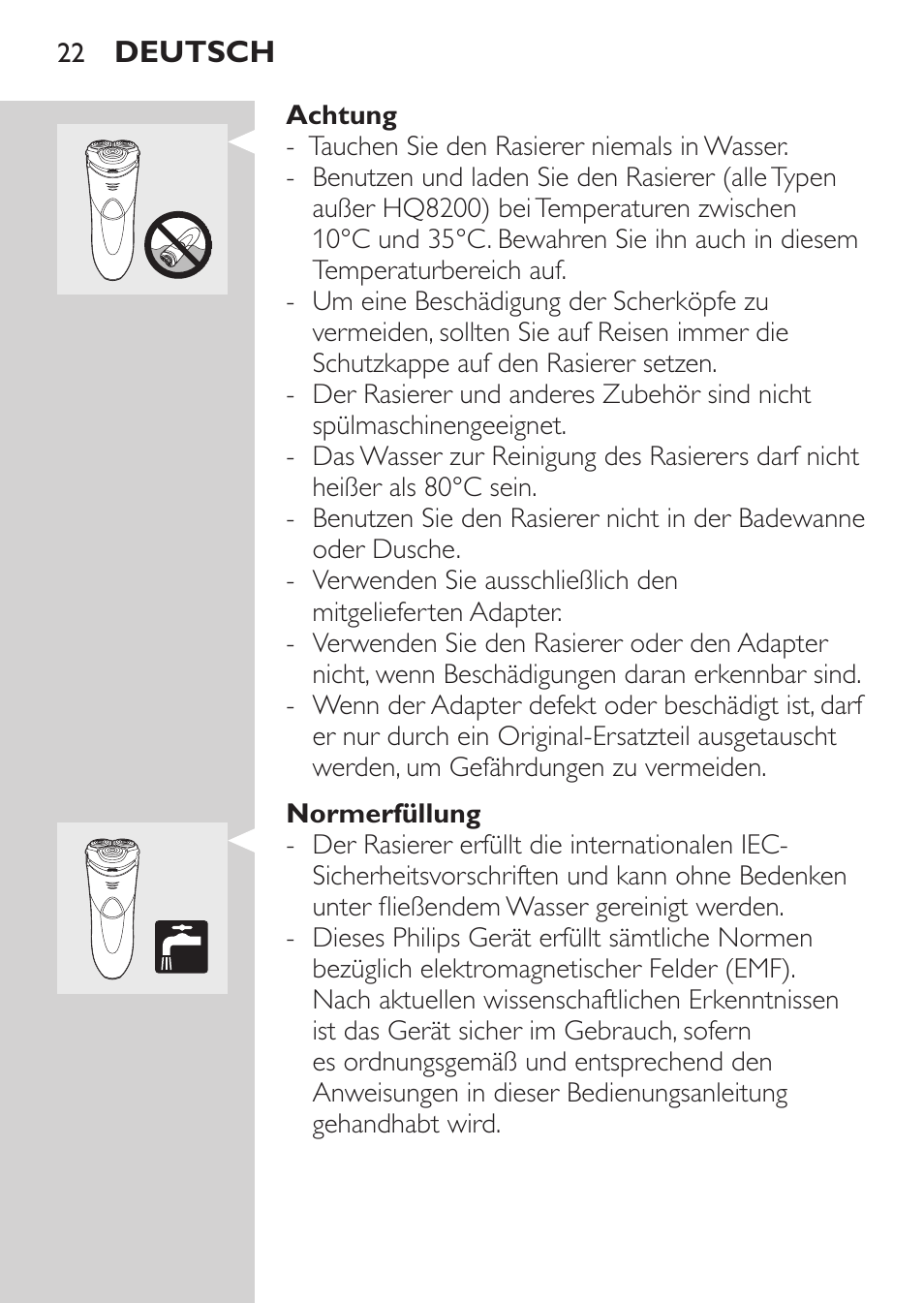 Achtung, Normerfüllung | Philips SHAVER Series 3000 Afeitadora eléctrica User Manual | Page 20 / 124