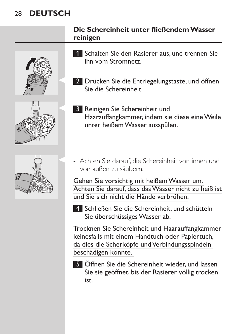 Die schereinheit unter fließendem wasser reinigen | Philips SHAVER Series 3000 Afeitadora eléctrica User Manual | Page 26 / 124