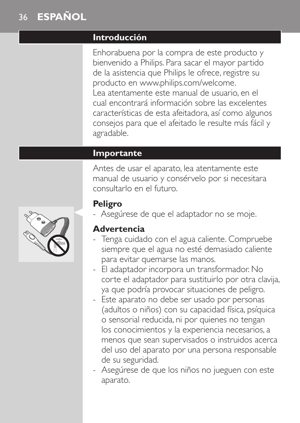 Peligro, Advertencia, Español | Introducción, Importante | Philips SHAVER Series 3000 Afeitadora eléctrica User Manual | Page 34 / 124