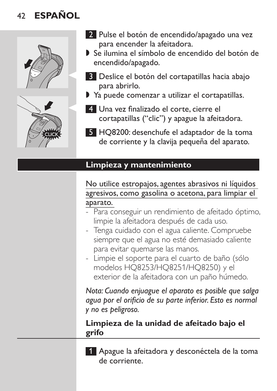 Limpieza y mantenimiento, Limpieza de la unidad de afeitado bajo el grifo | Philips SHAVER Series 3000 Afeitadora eléctrica User Manual | Page 40 / 124