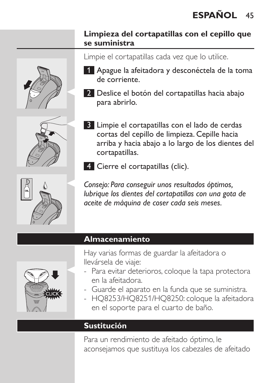 Almacenamiento, Sustitución | Philips SHAVER Series 3000 Afeitadora eléctrica User Manual | Page 43 / 124