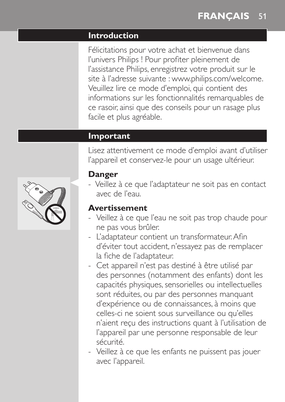 Danger, Avertissement, Français | Introduction, Important | Philips SHAVER Series 3000 Afeitadora eléctrica User Manual | Page 49 / 124