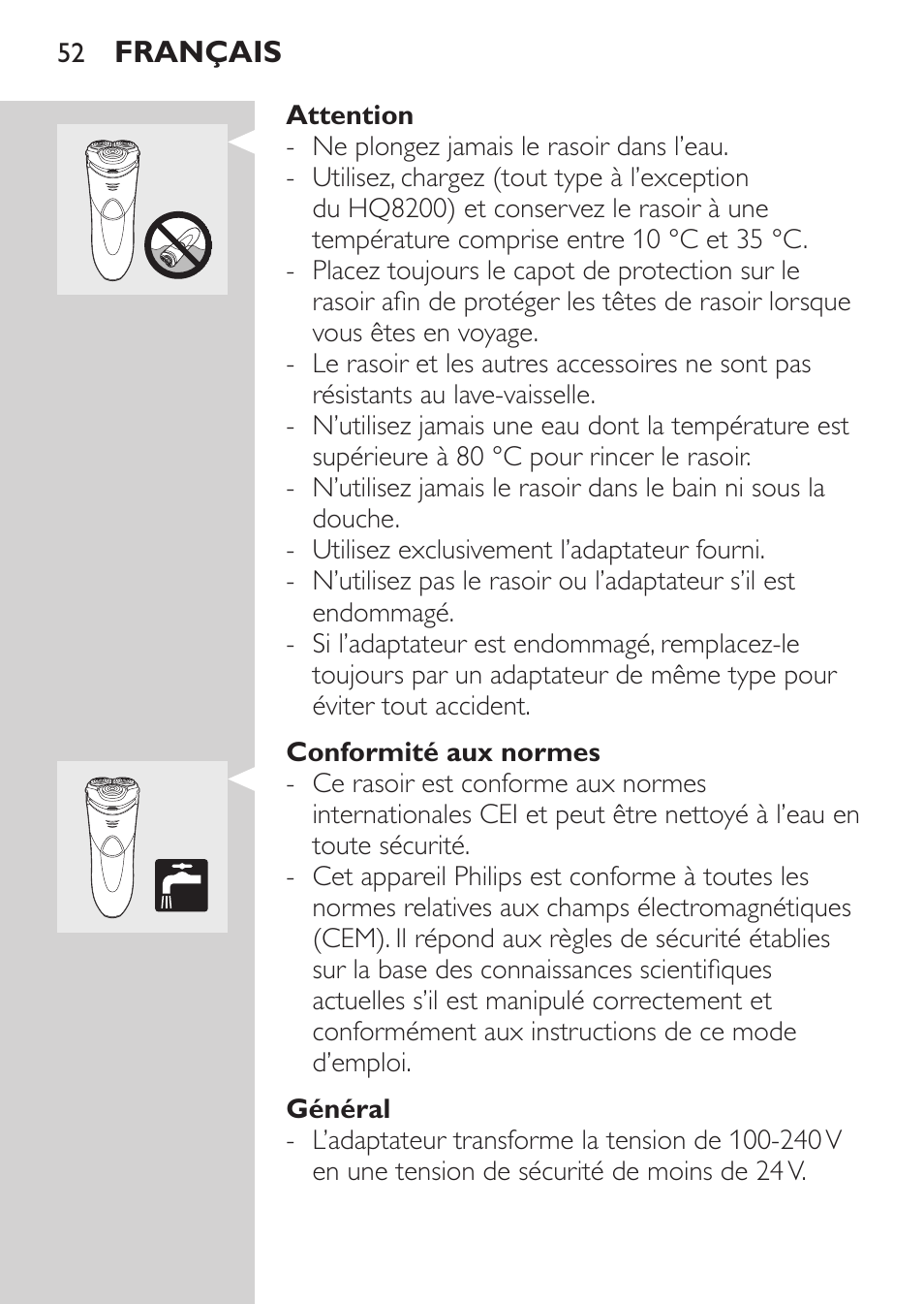 Attention, Conformité aux normes, Général | Philips SHAVER Series 3000 Afeitadora eléctrica User Manual | Page 50 / 124