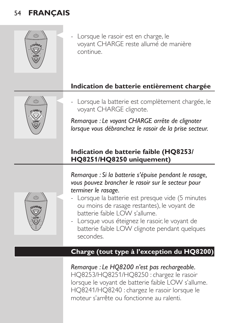 Indication de batterie entièrement chargée, Charge (tout type à l’exception du hq8200) | Philips SHAVER Series 3000 Afeitadora eléctrica User Manual | Page 52 / 124