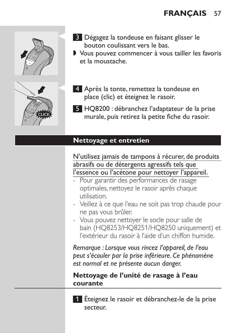 Nettoyage et entretien, Nettoyage de l’unité de rasage à l’eau courante | Philips SHAVER Series 3000 Afeitadora eléctrica User Manual | Page 55 / 124