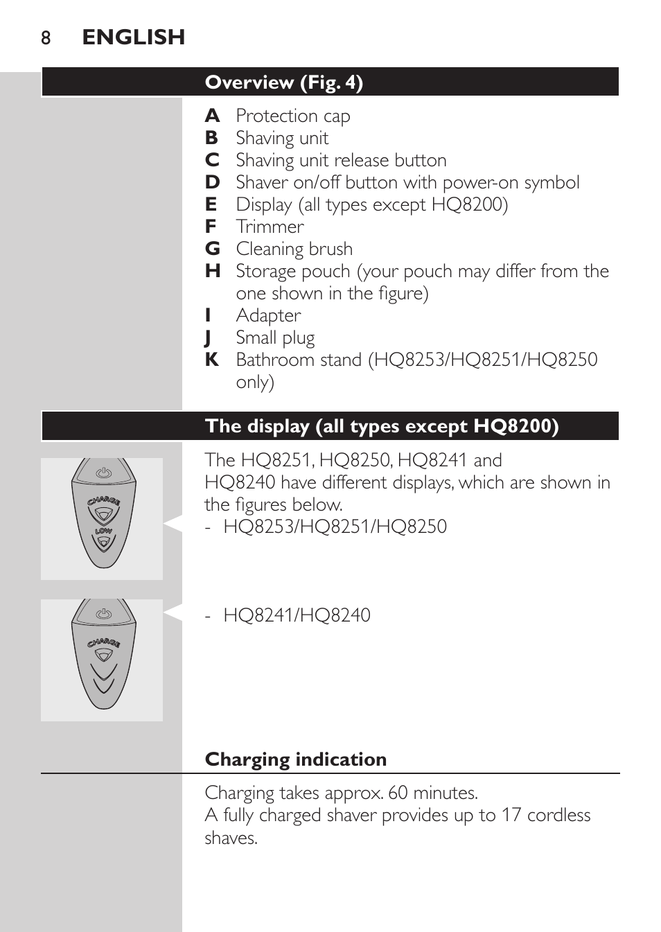 The display (all types except hq8200), Charging indication | Philips SHAVER Series 3000 Afeitadora eléctrica User Manual | Page 6 / 124