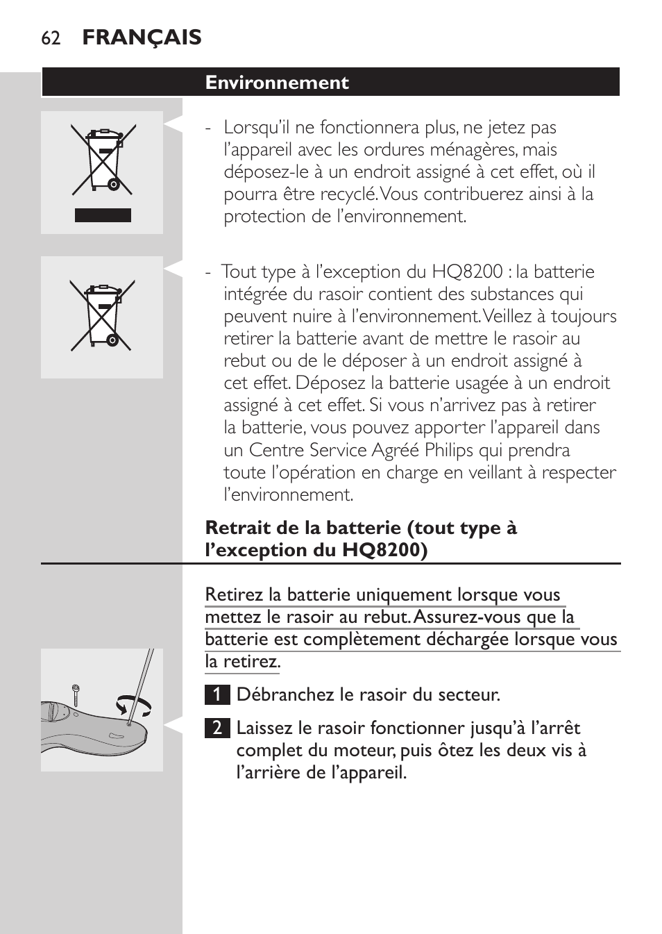 Environnement | Philips SHAVER Series 3000 Afeitadora eléctrica User Manual | Page 60 / 124