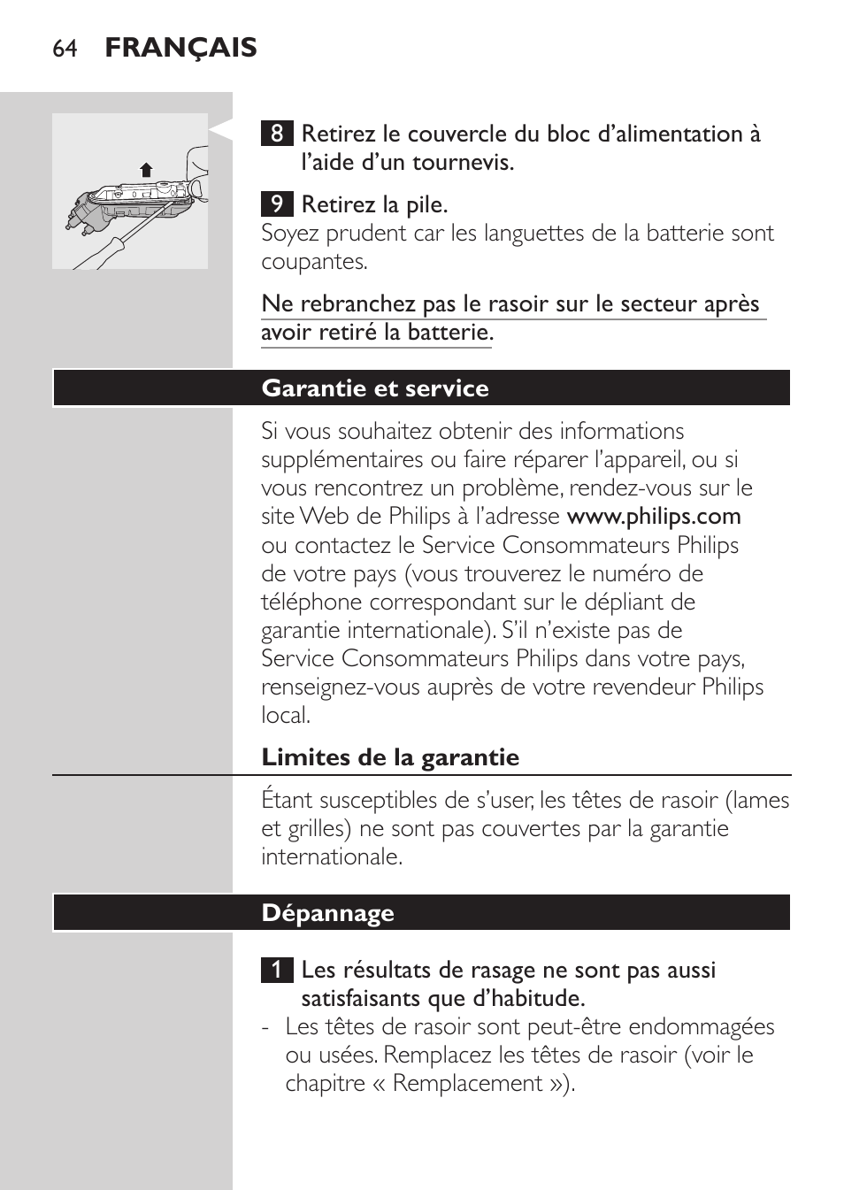 Garantie et service, Limites de la garantie, Dépannage | Philips SHAVER Series 3000 Afeitadora eléctrica User Manual | Page 62 / 124