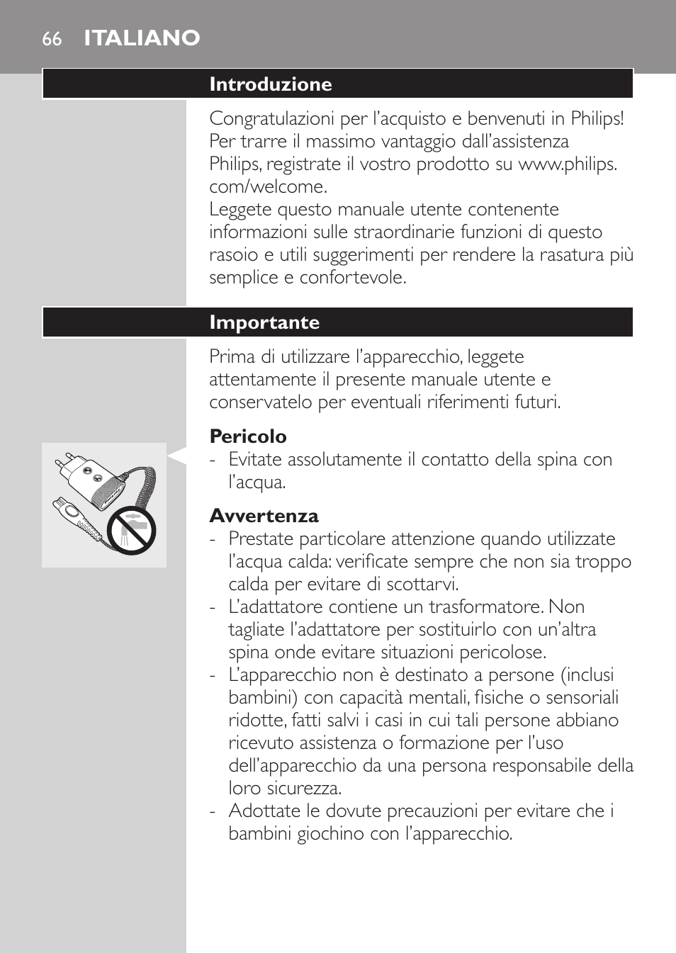 Pericolo, Avvertenza, Attenzione | Italiano, Introduzione, Importante | Philips SHAVER Series 3000 Afeitadora eléctrica User Manual | Page 64 / 124