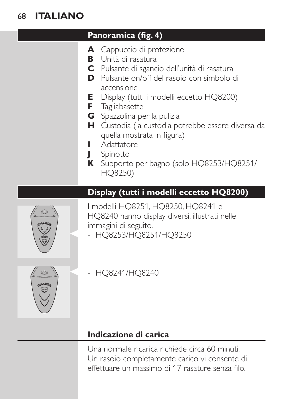 Panoramica (fig. 4), Display (tutti i modelli eccetto hq8200), Indicazione di carica | Philips SHAVER Series 3000 Afeitadora eléctrica User Manual | Page 66 / 124