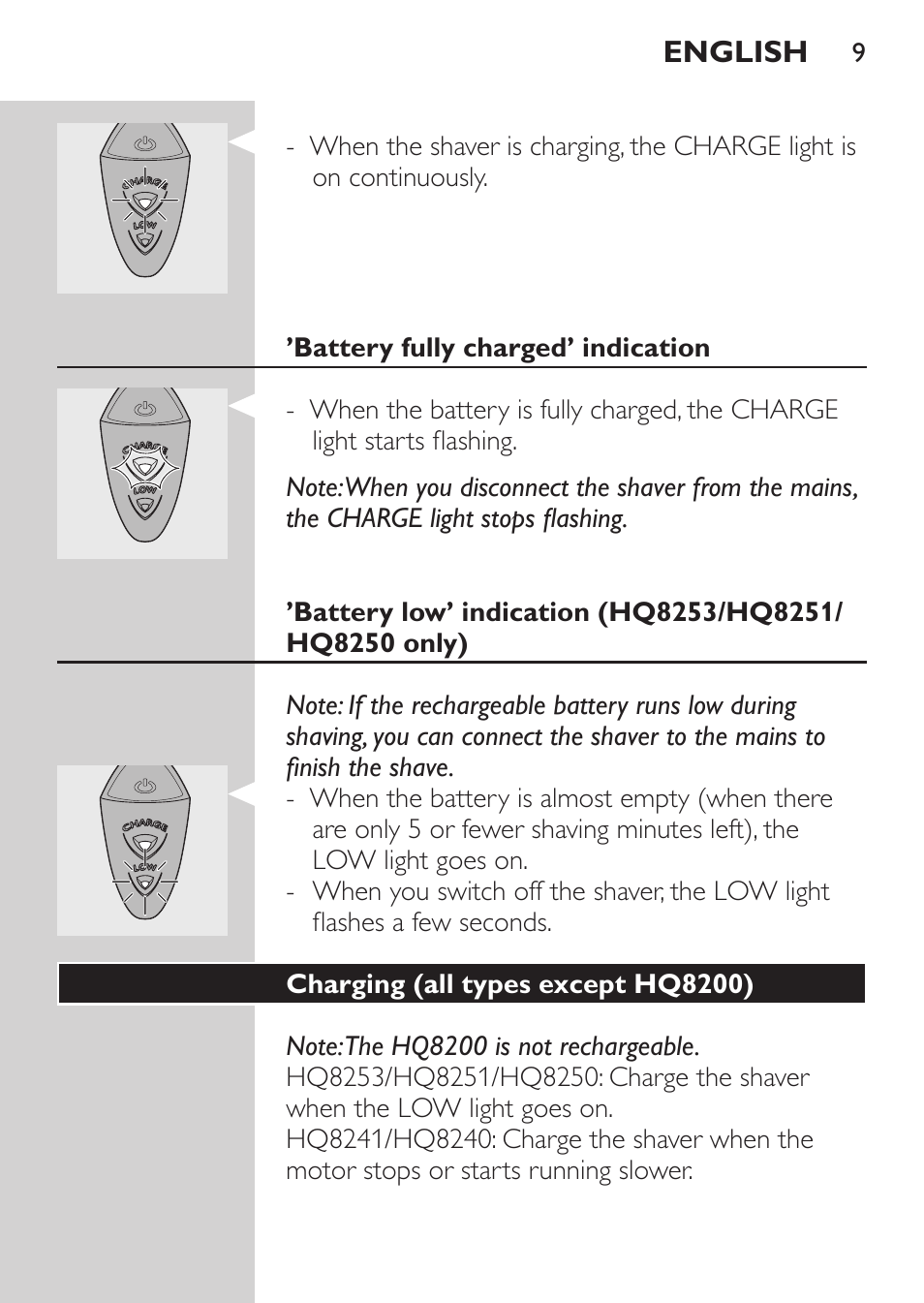 Battery fully charged’ indication, Charging (all types except hq8200) | Philips SHAVER Series 3000 Afeitadora eléctrica User Manual | Page 7 / 124