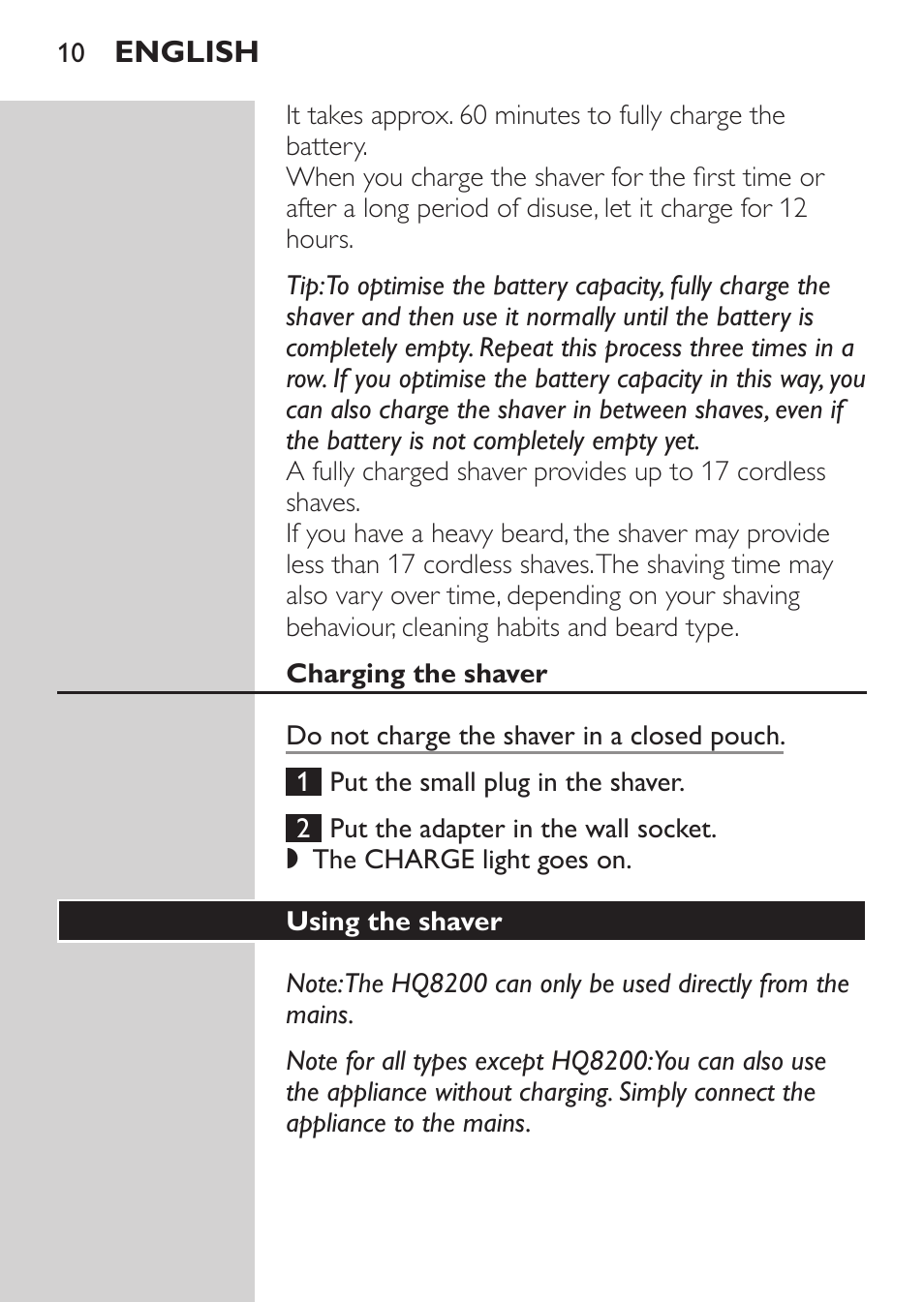 Charging the shaver, Using the shaver | Philips SHAVER Series 3000 Afeitadora eléctrica User Manual | Page 8 / 124