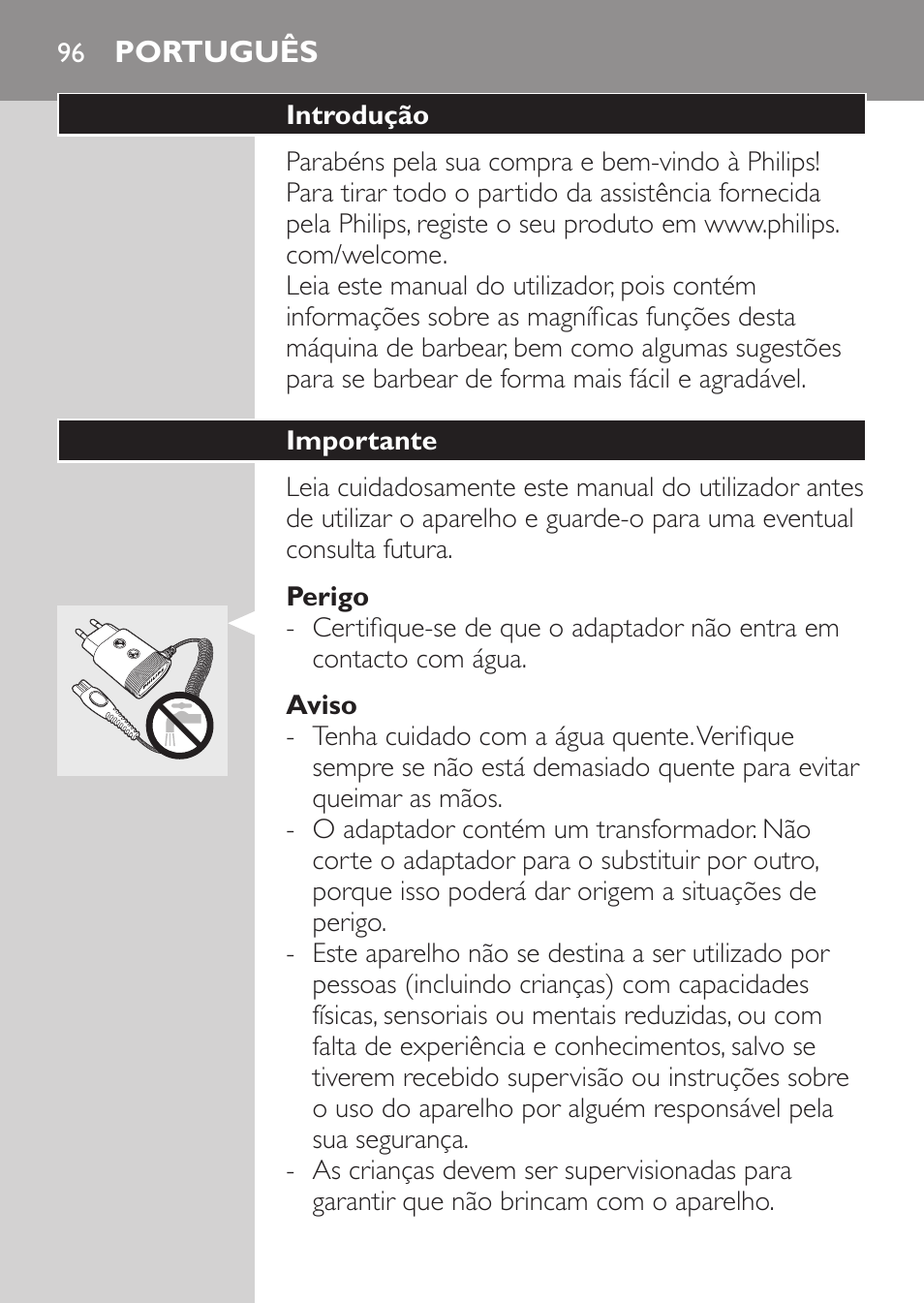 Perigo, Aviso, Português | Introdução, Importante | Philips SHAVER Series 3000 Afeitadora eléctrica User Manual | Page 94 / 124