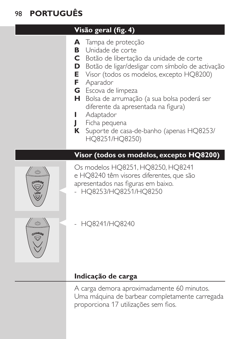 Visão geral (fig. 4), Visor (todos os modelos, excepto hq8200), Indicação de carga | Philips SHAVER Series 3000 Afeitadora eléctrica User Manual | Page 96 / 124